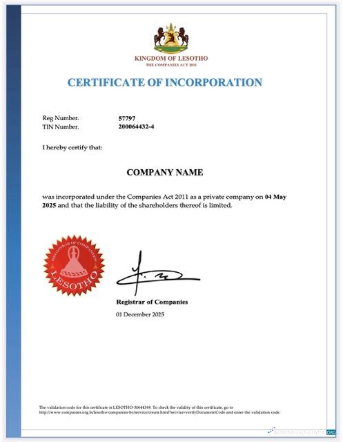 Download Lesotho certificate of incorporation Word and PDF template Photoshop template